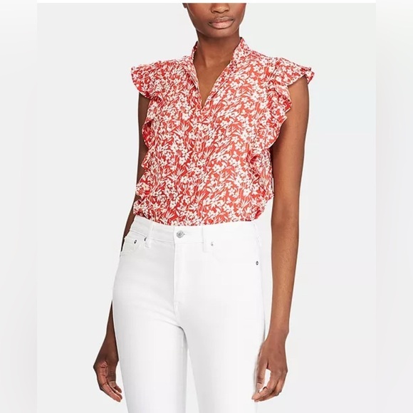 Lauren Ralph Lauren Whimsical Floral Print Crepe Top Sz XS Petite Ruffles - Picture 2 of 11